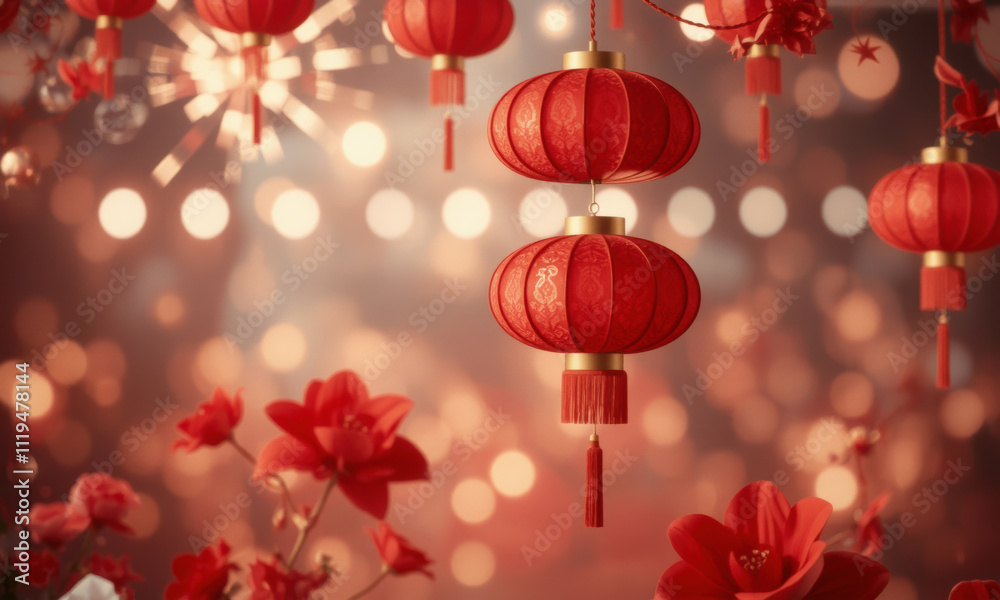 Fototapeta premium Red lanterns and flowers create festive atmosphere for Lunar New Year celebrations, symbolizing joy and prosperity. vibrant colors enhance celebratory mood