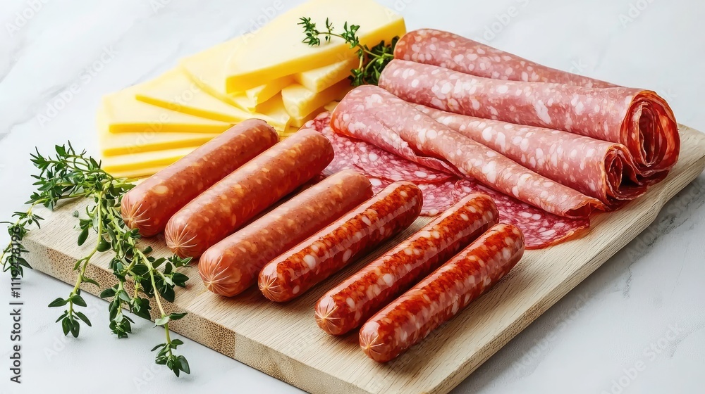 ham, sliced salami, thinly sliced cheese, hot dog sausages, on light wooden board, sprigs of green herbs, white background, photo realistic, lens angle 25°, cinematic ham, sliced salami, thinly sliced cheese, hot dog sausages, on light wooden board, sprigs of green herbs, white background, photo realistic, lens angle 25°, cinematic