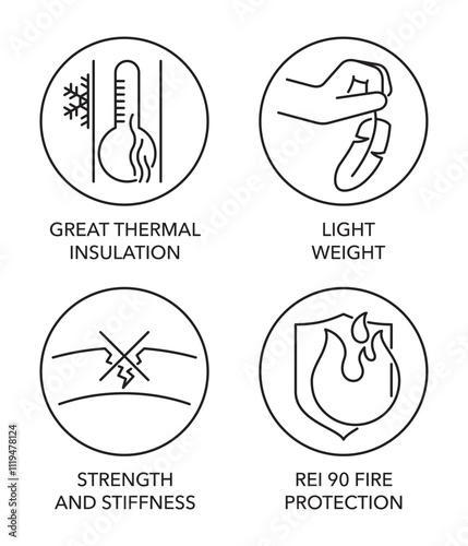 Wooden materials icons se - thermal insulation, Light weight, Strength, Fire protection