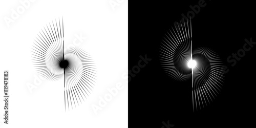 Dynamic abstract spiral sound wave rhythm lines. Rhythm of circular spiral sound wave lines. Circular futuristic abstract lines, black and white background. Light movement.