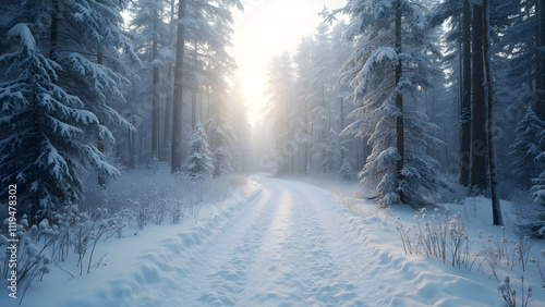 "Serene Snow-Covered Forest: A Gently Winding Path Invites You Into Winter’s Tranquil Embrace"