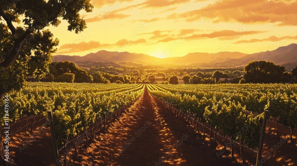 Fototapeta premium Tranquil vineyard at sunset, with rows of grapevines stretching into the distance
