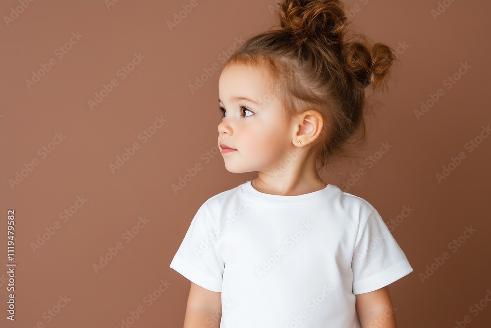 2025 color trend  design mockup toddler girl wearing plain blank white t-shirt on a muted mocha brown background