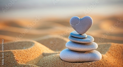 Heart-shaped rock atop stacked stones in serene sand environment. photo