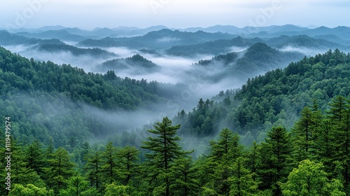 Misty mountain landscape with lush green forests.