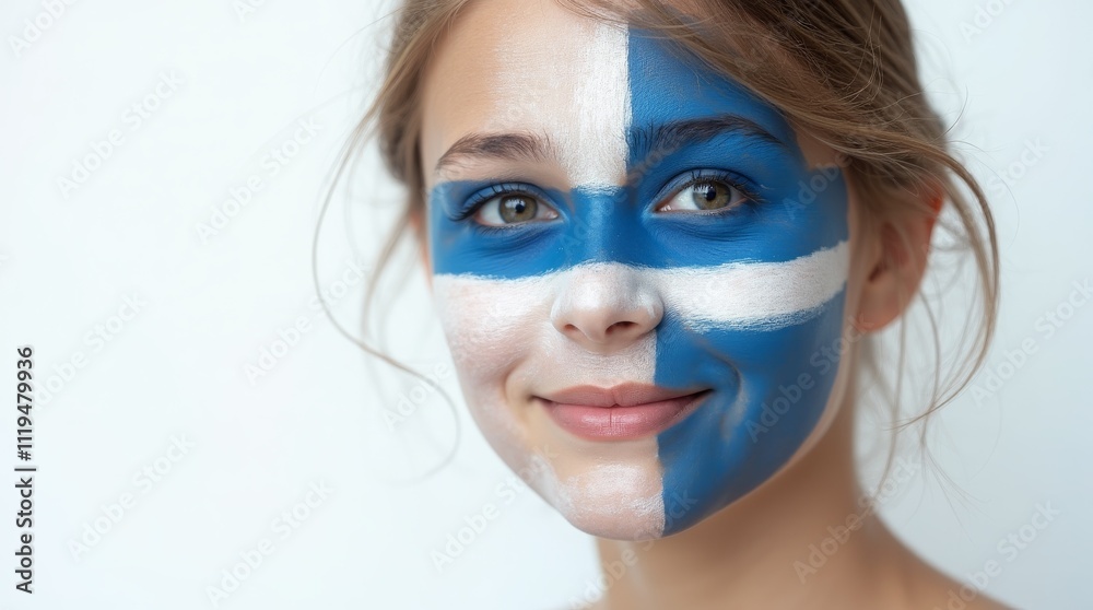 Girl with Finnish flag face paint, gentle smile, patriotic spirit Girl with Finnish flag face paint, gentle smile, patriotic spirit