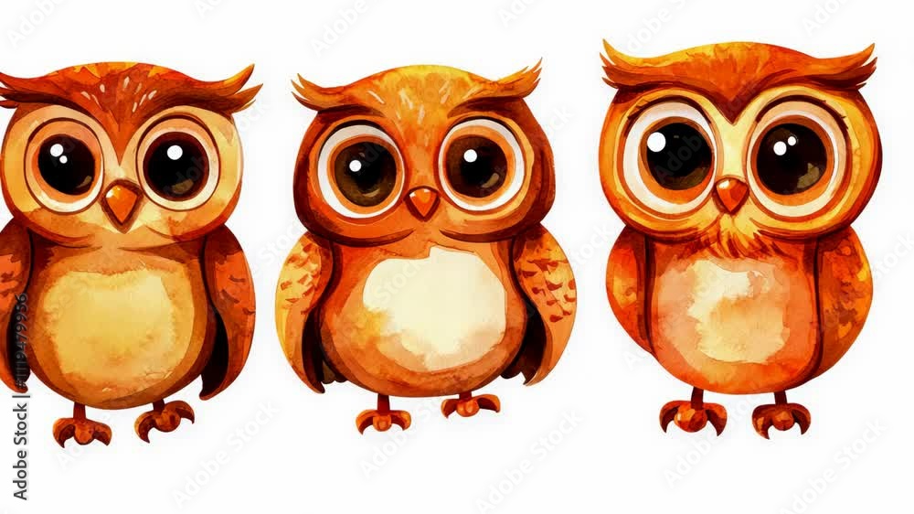 Colorful cartoon owls with big eyes standing in a row against a white background Colorful cartoon owls with big eyes standing in a row against a white background