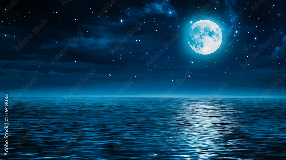 A serene seascape featuring a bright full moon reflecting over calm waters. A serene seascape featuring a bright full moon reflecting over calm waters.