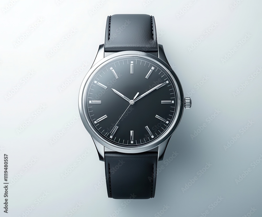 A sleek, minimalist black watch with a leather strap, displaying a clean dial and simple hour markers. A sleek, minimalist black watch with a leather strap, displaying a clean dial and simple hour markers.