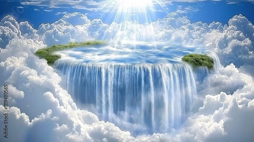 A stunning surreal scene of a floating island surrounded by clouds, with water cascading from the island like a waterfall. The bright sun and sky enhance the ethereal quality of the image. AI photo