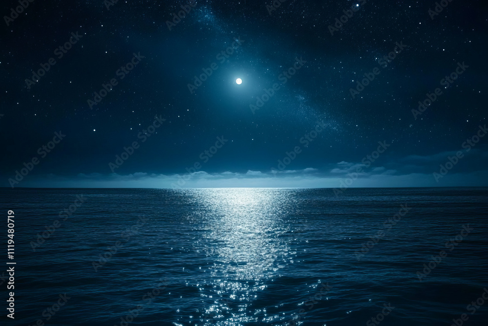 A serene seascape featuring a bright full moon reflecting over calm waters. A serene seascape featuring a bright full moon reflecting over calm waters.