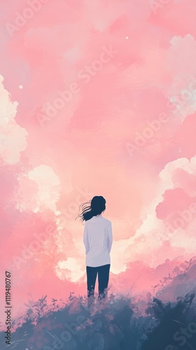 Woman Silhouetted Against a Pink Sunset Sky