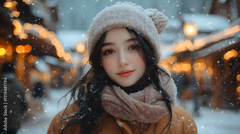 A stunning photography of a model in cozy winter attire, standing in a picturesque village square adorned with snow and twinkling holiday lights, capturing the warmth of a winter wonderland. A stunning photography of a model in cozy winter attire, standing in a picturesque village square adorned with snow and twinkling holiday lights, capturing the warmth of a winter wonderland.