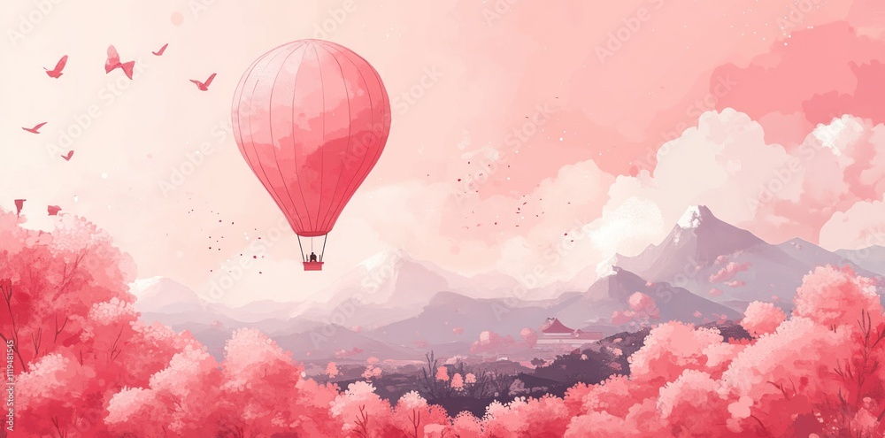 Fototapeta premium Pink Hot Air Balloon Soaring Over a Scenic Landscape
