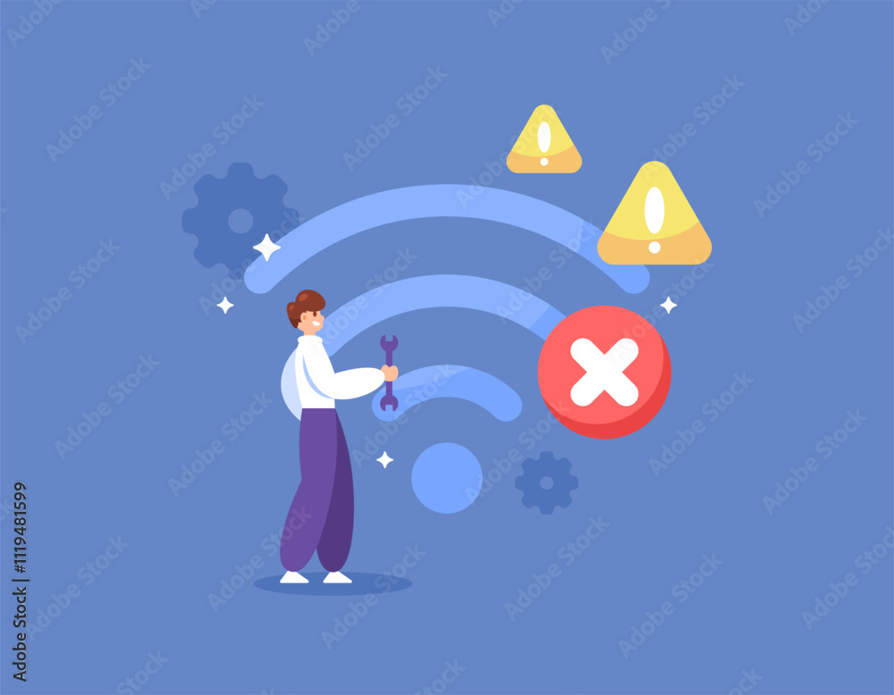 wifi repair concept. repair and fix Wireless Fidelity network. wireless network is not working and no internet connection is available. illustration of IT or network expert. flat style design. element wifi repair concept. repair and fix Wireless Fidelity network. wireless network is not working and no internet connection is available. illustration of IT or network expert. flat style design. element