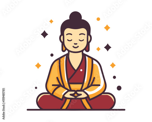 Sitting Buddha in a Meditative Pose, Peaceful Flat Vector Illustration