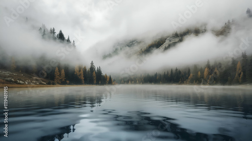 Fog in nature. An ultra 16k cinematic view of a realistic scene with dense fog in a lush green forest. The forest is filled with tall trees with a variety of leaf colors