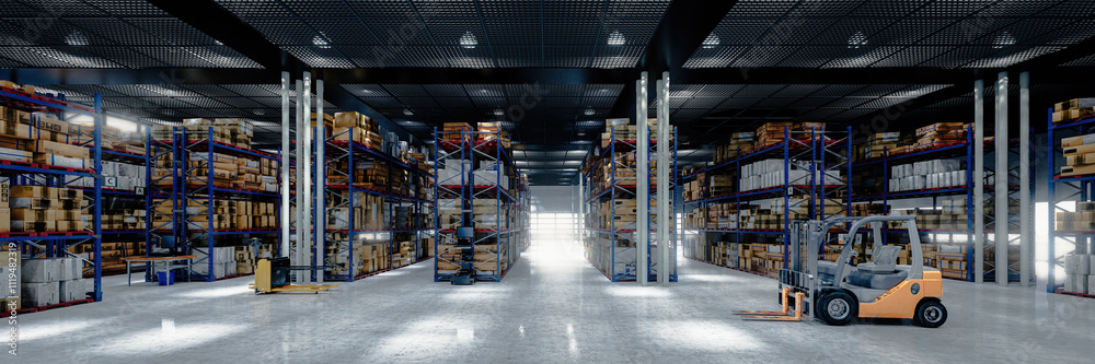 Panoramic view at large warehouse with a forklift, numerous items and rows of shelves with boxes - 3D Visualization
