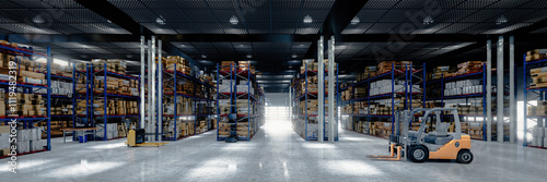 Obraz na płótnie Panoramic view at large warehouse with a forklift, numerous items and rows of shelves with boxes - 3D Visualization w salonie