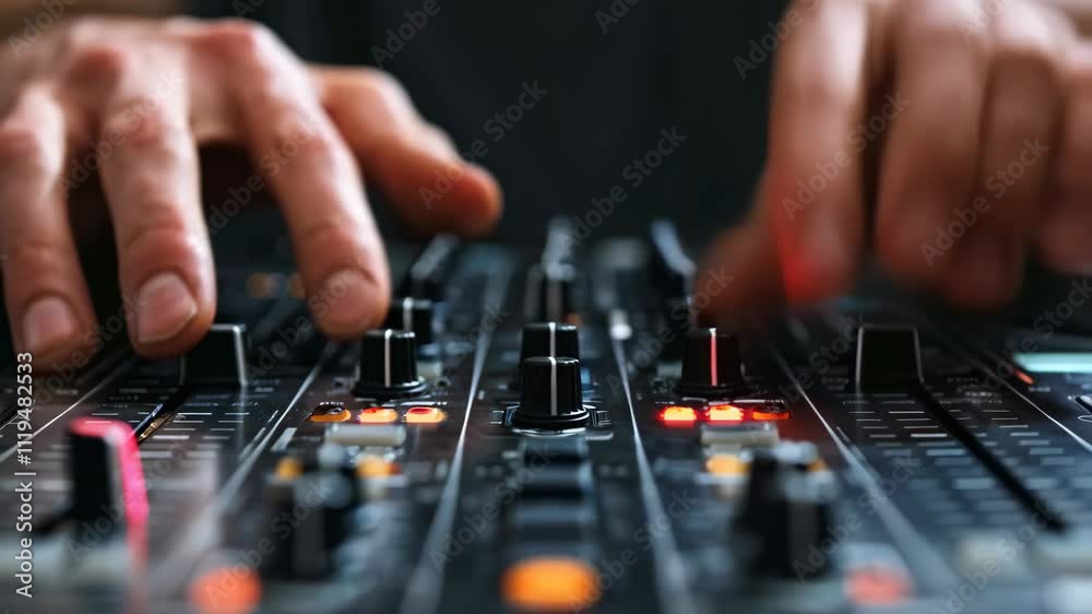 close up of dj hands controlling music table