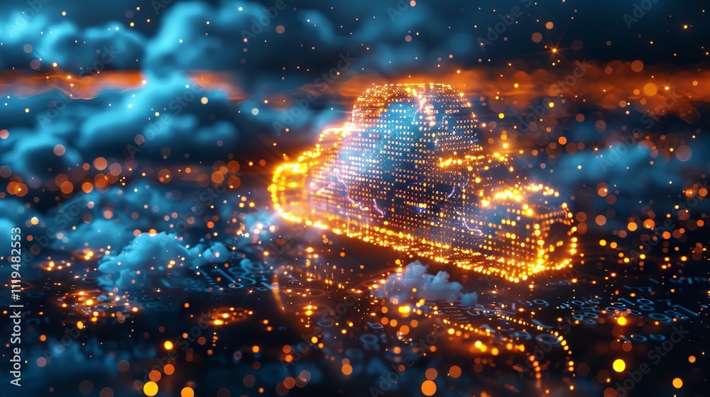 Fototapeta premium Digital informational technology web futuristic hologram with cloud icon, blue golden light digits and code background