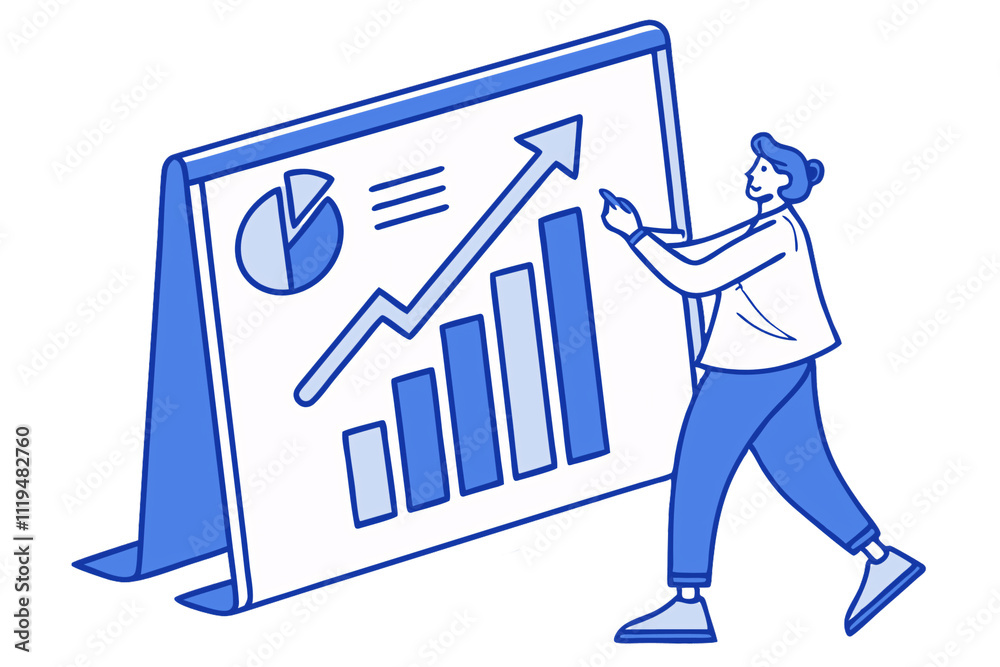 A person presenting a graph showing upward trends and pie charts, signifying progress, achievement, and effective data visualization in strategic planning, isolated on a transparent background A person presenting a graph showing upward trends and pie charts, signifying progress, achievement, and effective data visualization in strategic planning, isolated on a transparent background
