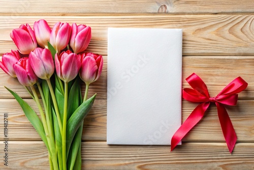 A charming composition of pink tulips tied with a red ribbon, paired with a blank book on a rustic wooden table. Ideal for themes of spring, romance, or creativity.