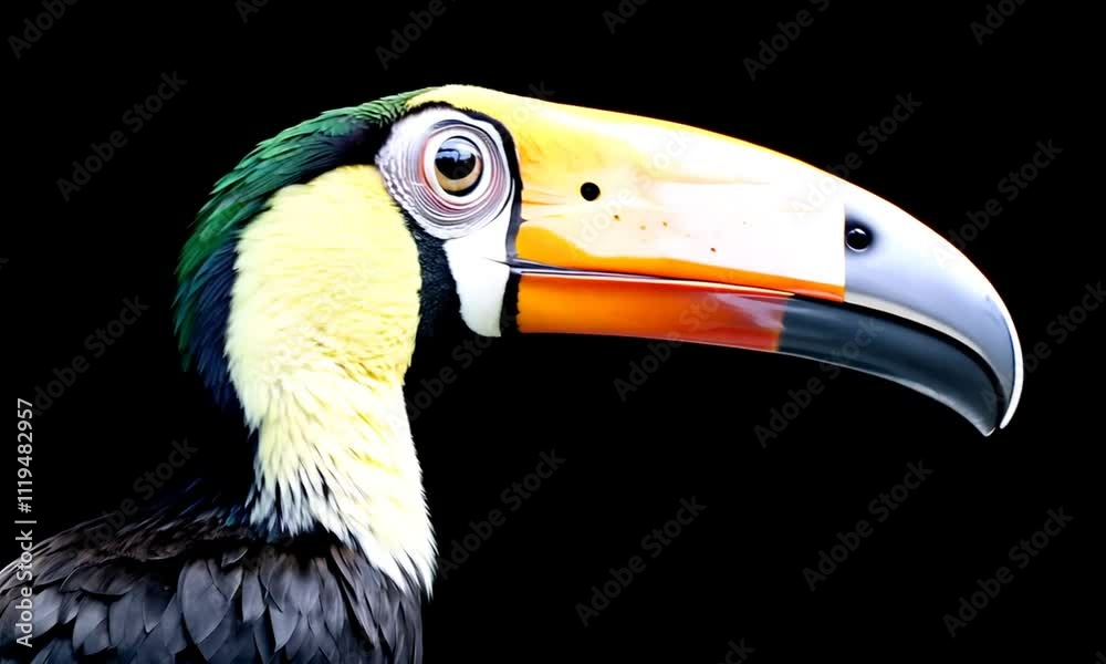 Close-up portrait of a toucan with its beak tilted to the side against a black background. Close-up portrait of a toucan with its beak tilted to the side against a black background.