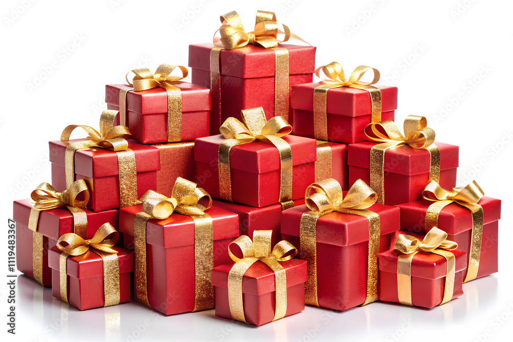Fototapeta premium Piles of Red Christmas gift boxes with gold ribbon on isolated white background, Clipping path