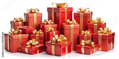 Red Christmas gift boxes with gold ribbon, Difference sizing. on isolated white background, Clipping path