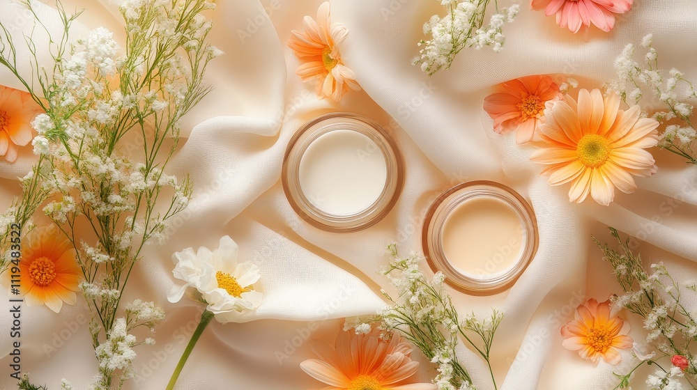 Trendy eye cream jars surrounded by soft fabric and fresh flowers Trendy eye cream jars surrounded by soft fabric and fresh flowers