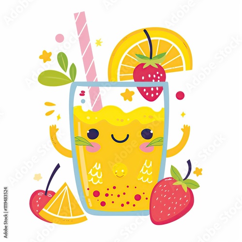 Cute lemonade with fruits illustration in cartoon style.	
