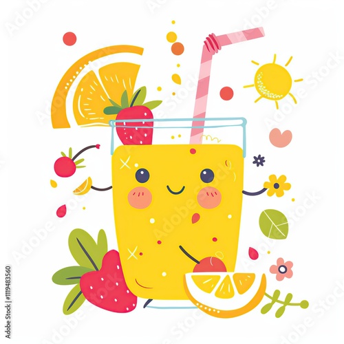 Cute lemonade with fruits illustration in cartoon style.	