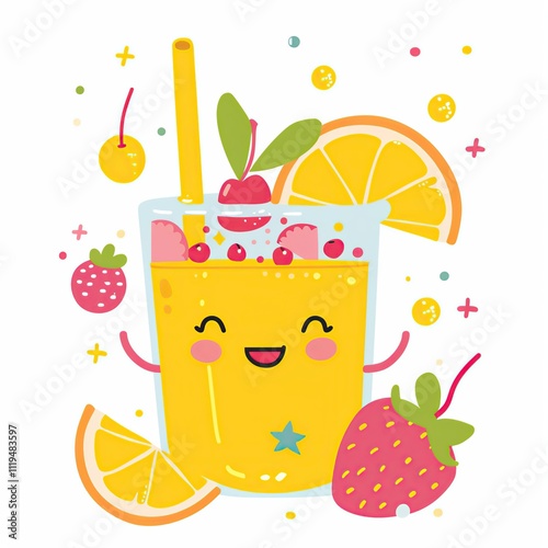 Cute lemonade with fruits illustration in cartoon style.	