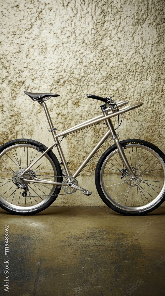 A sleek, modern bicycle stands against a textured wall, showcasing its design and functionality.