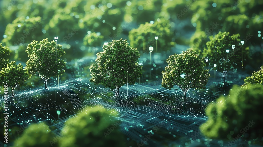 Lush green forest with digital elements showcasing nature and technology integration. Lush green forest with digital elements showcasing nature and technology integration.