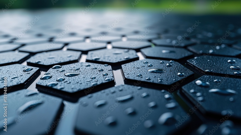 Close-Up View of Water Droplets on Hexagonal Patterned Surface Close-Up View of Water Droplets on Hexagonal Patterned Surface