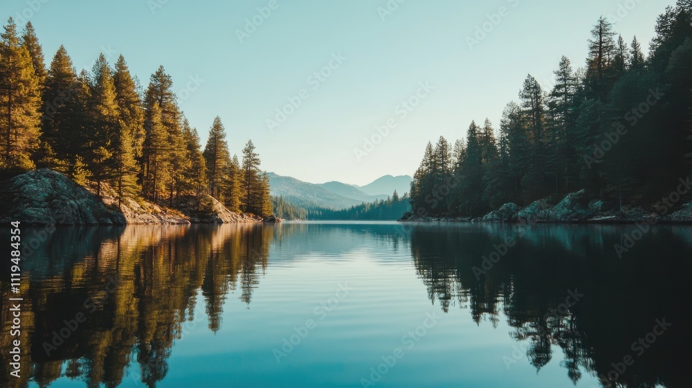 Serene lake reflecting a tranquil forest landscape with mountains in the background. Calm water mirrors the surrounding trees and peaks. Serene lake reflecting a tranquil forest landscape with mountains in the background. Calm water mirrors the surrounding trees and peaks.