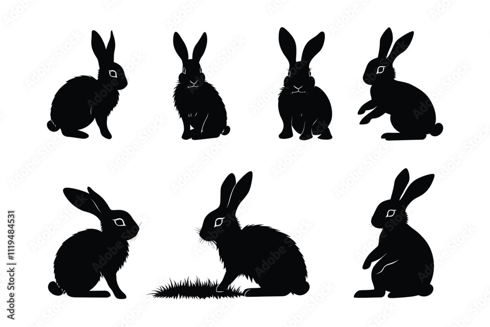 Obraz premium Black Rabbit Silhouettes in Various Sitting and Eating Poses