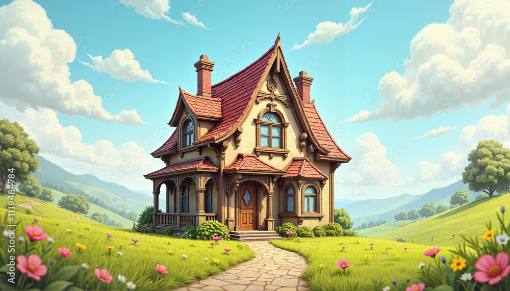 Whimsical cartoon house with exaggerated features in vibrant colors and soft daylight Whimsical cartoon house with exaggerated features in vibrant colors and soft daylight