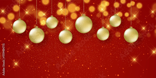Decorative Christmas banner with bokeh lights and hanging baubles design 