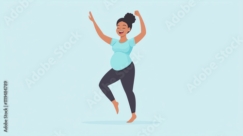 Joyful Pregnancy Dance: A vibrant illustration of a pregnant Black woman joyfully dancing, radiating happiness and celebrating the miracle of life. photo