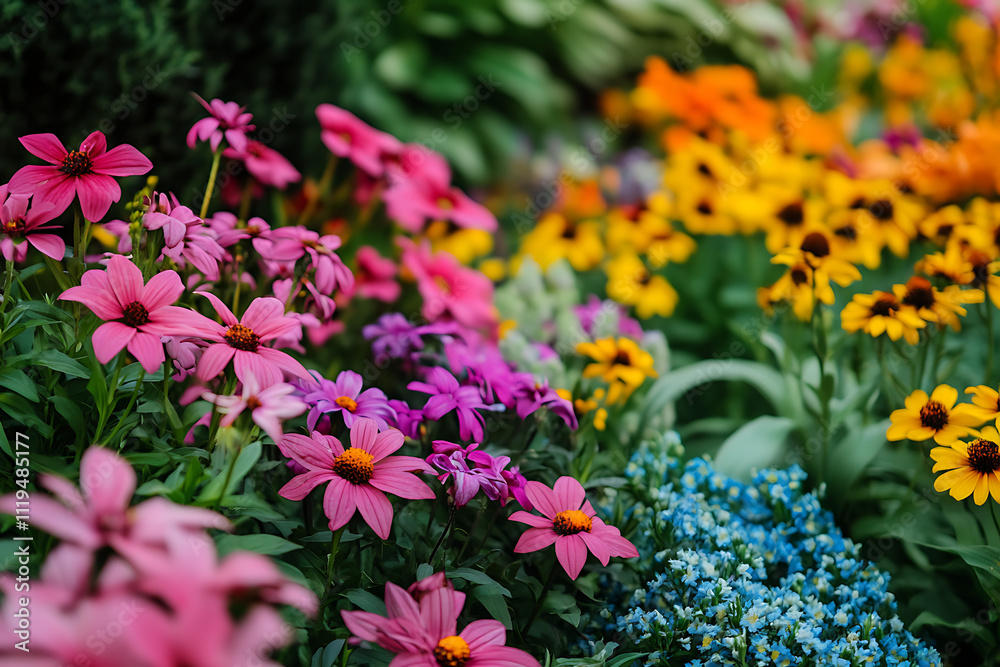 Obraz premium A vibrant flower garden with a variety of blooming plants,