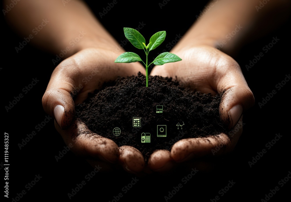 Hands Holding Soil and Young Plant with Digital Icons Representing Sustainability, Technology, and Growth in Dark Background for Environmental Themes Hands Holding Soil and Young Plant with Digital Icons Representing Sustainability, Technology, and Growth in Dark Background for Environmental Themes