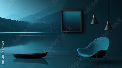 Serene lakeside scene reflected in minimalist teal room with armchair and empty frame.