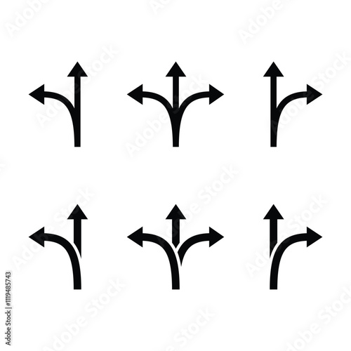 Road way arrows turn left or right or straight sign isolated vector illustration.