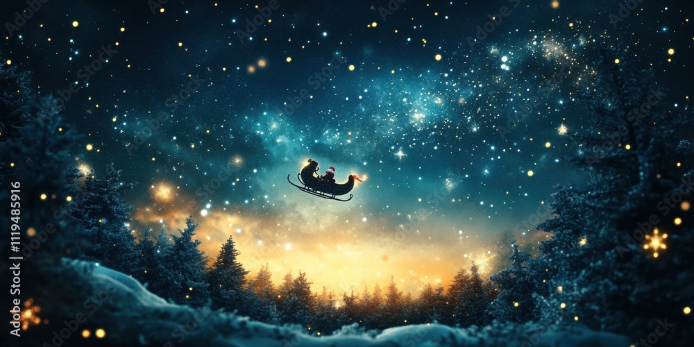 Santa Claus flying in sleigh across star-filled night sky, magical Christmas scene, festive holiday charm, winter wonderland, cheerful seasonal celebration, glowing snowy forest below. Santa Claus flying in sleigh across star-filled night sky, magical Christmas scene, festive holiday charm, winter wonderland, cheerful seasonal celebration, glowing snowy forest below.