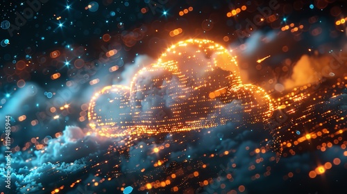 Digital informational technology web futuristic hologram with cloud icon, blue golden light digits and code background