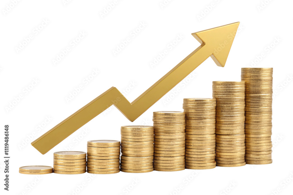 Stacks of coins in increasing height, overlaid with a zigzagging golden arrow pointing upward, representing market or financial trends, isolated on a transparent background Stacks of coins in increasing height, overlaid with a zigzagging golden arrow pointing upward, representing market or financial trends, isolated on a transparent background