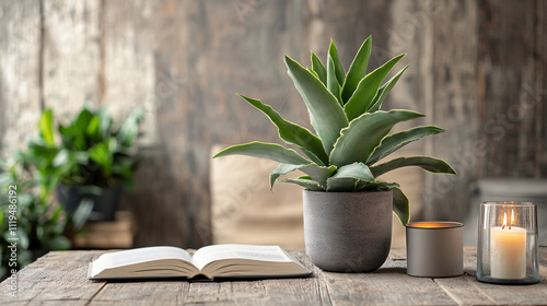 bromeliad vriesea in an antique pot on a desk against a rustic wall next to a candle and open book floral arrangement Bromeliaceae flower indoor plant photo